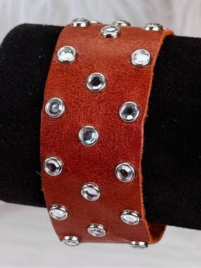Vintage Burnt Orange Leather Adjustable Bracelet with Silvertone Crystal Studs